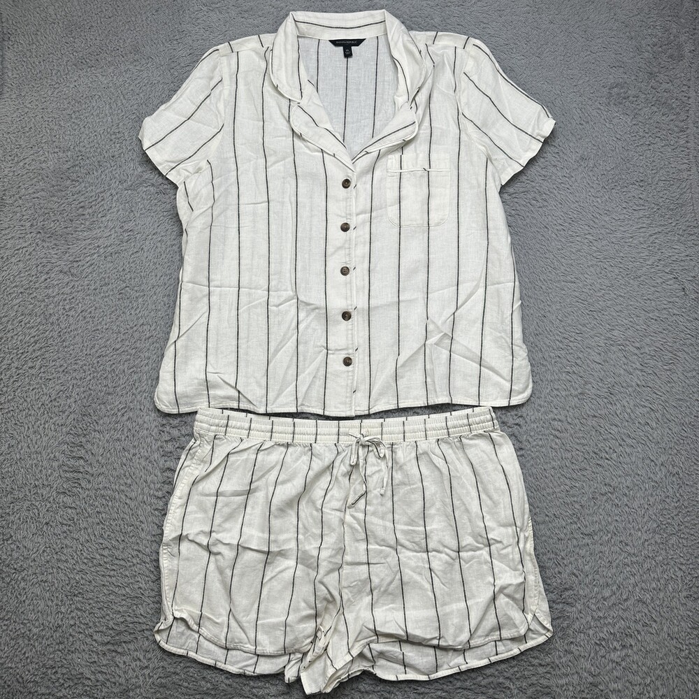Banana Republic Pajama Set Womens XL Ivory Striped Button-Up Linen Rayon